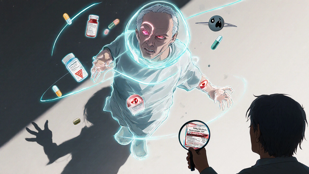 A hospitalized man surrounded by floating pills and hidden ingredients, his shadow screaming, pharmacist reaching out.