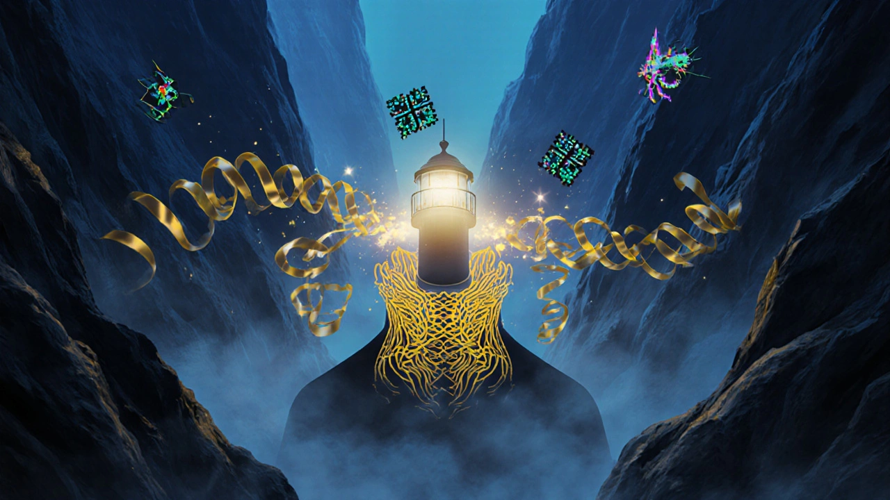 A luminous thyroid lighthouse emits golden hormone ribbons as sprite‑like antibodies activate it.