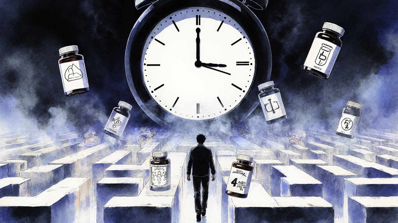 A man navigating a maze of pill bottles and symbols under a ticking clock in a surreal mental world.