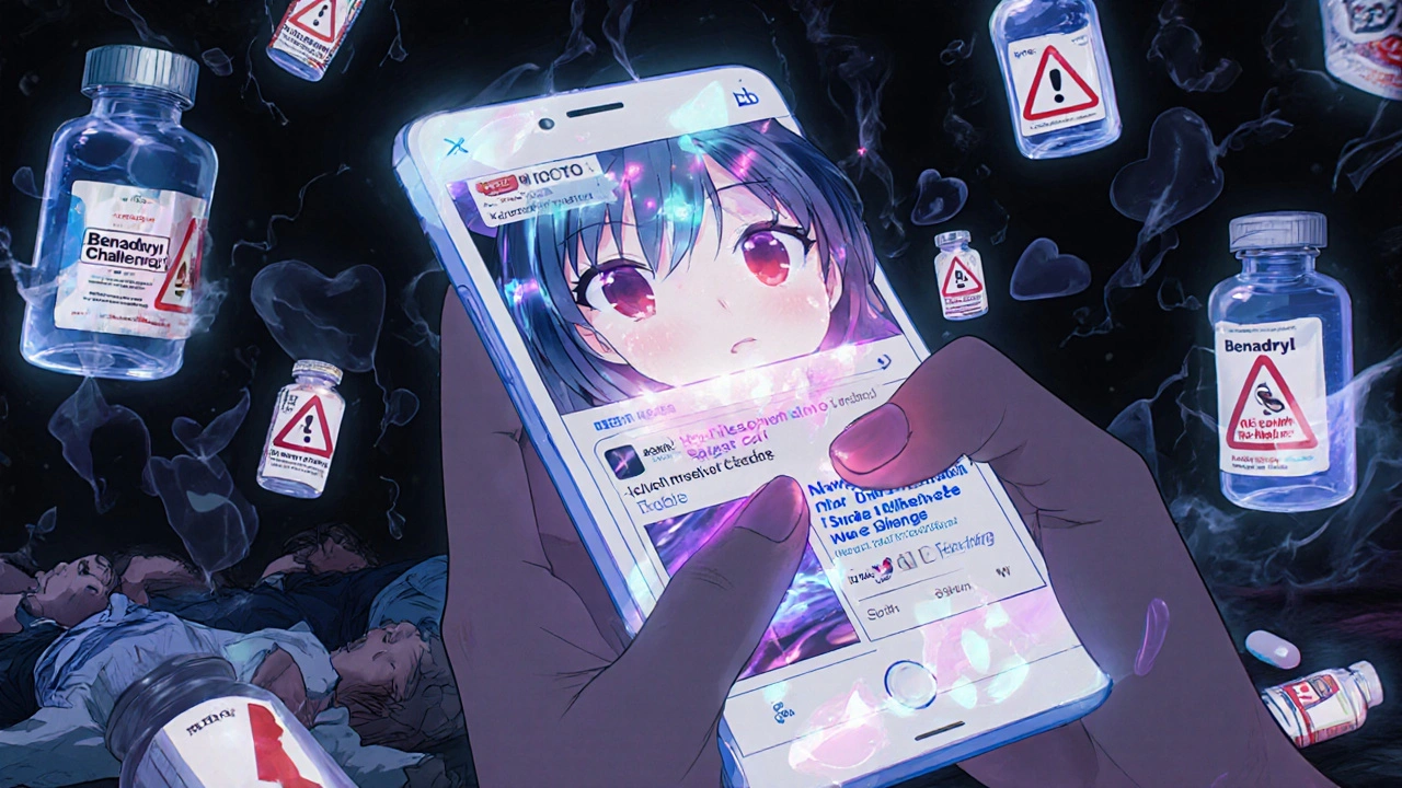 A teen staring at a phone with hallucinatory pill visions, others dissolving into smoke, warning signs floating.