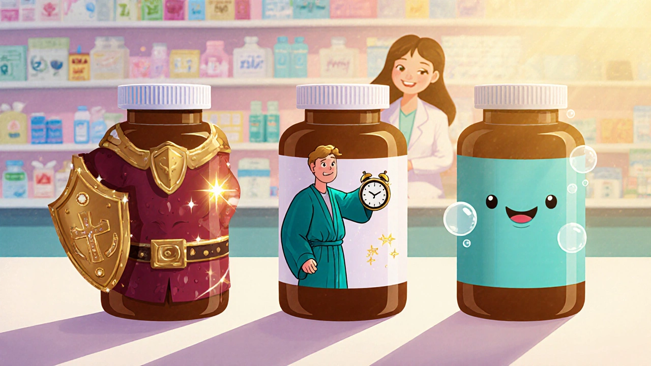 Animated pharmacy bottles as characters: knight PPI, messenger H2 blocker, bubbly antacid.