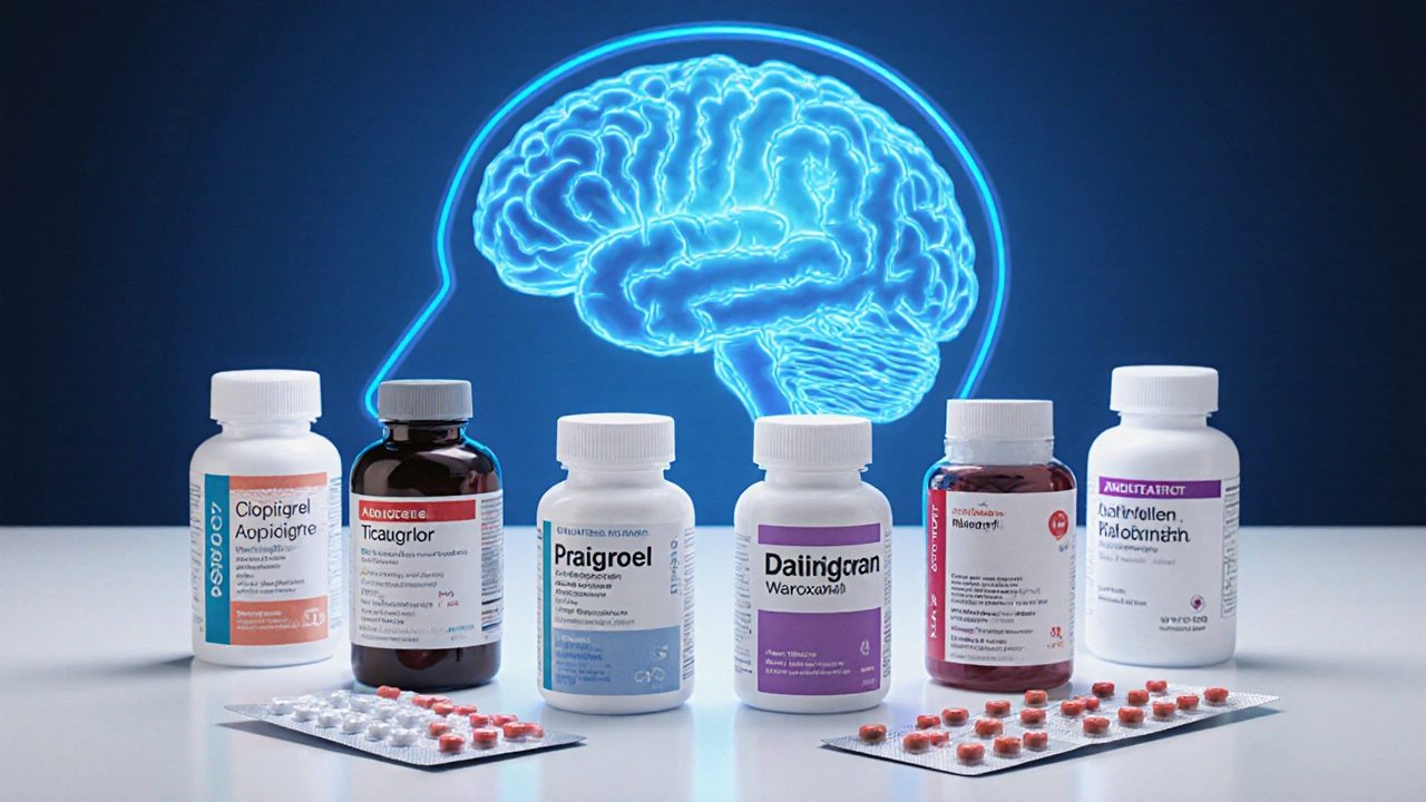 Array of medication bottles for various stroke drugs on a countertop with a brain silhouette backdrop.