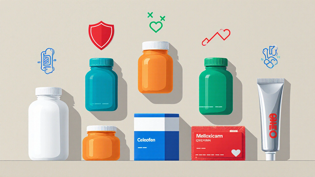 Assortment of NSAID bottles and gel tube with colored risk icons above each.