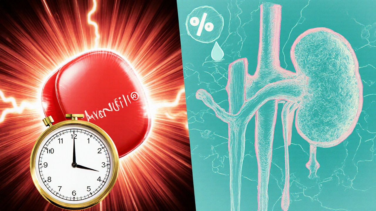 Avanafil pill highlighted with a 15‑minute timer and a kidney diagram showing low excretion.