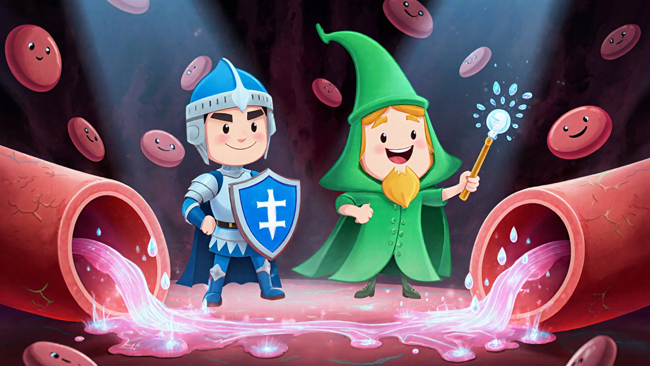 Blue knight Losartan and green wizard Hydrochlorothiazide open vessels and clear fluid in a bloodstream.