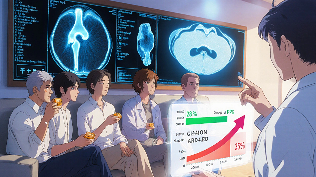 Clinical trial scene with patients taking pills, MRI slices showing cartilage gain, and a doctor presenting results.