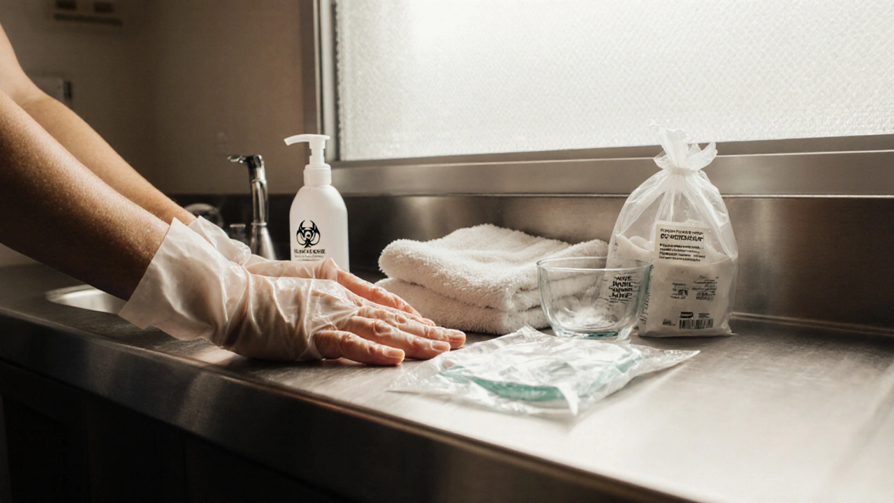 Close‑up of hands arranging catheter supplies on a clean countertop.