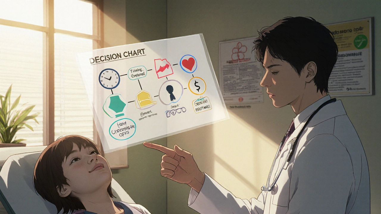 Doctor and patient discussing flu treatment with a floating decision‑guide diagram.