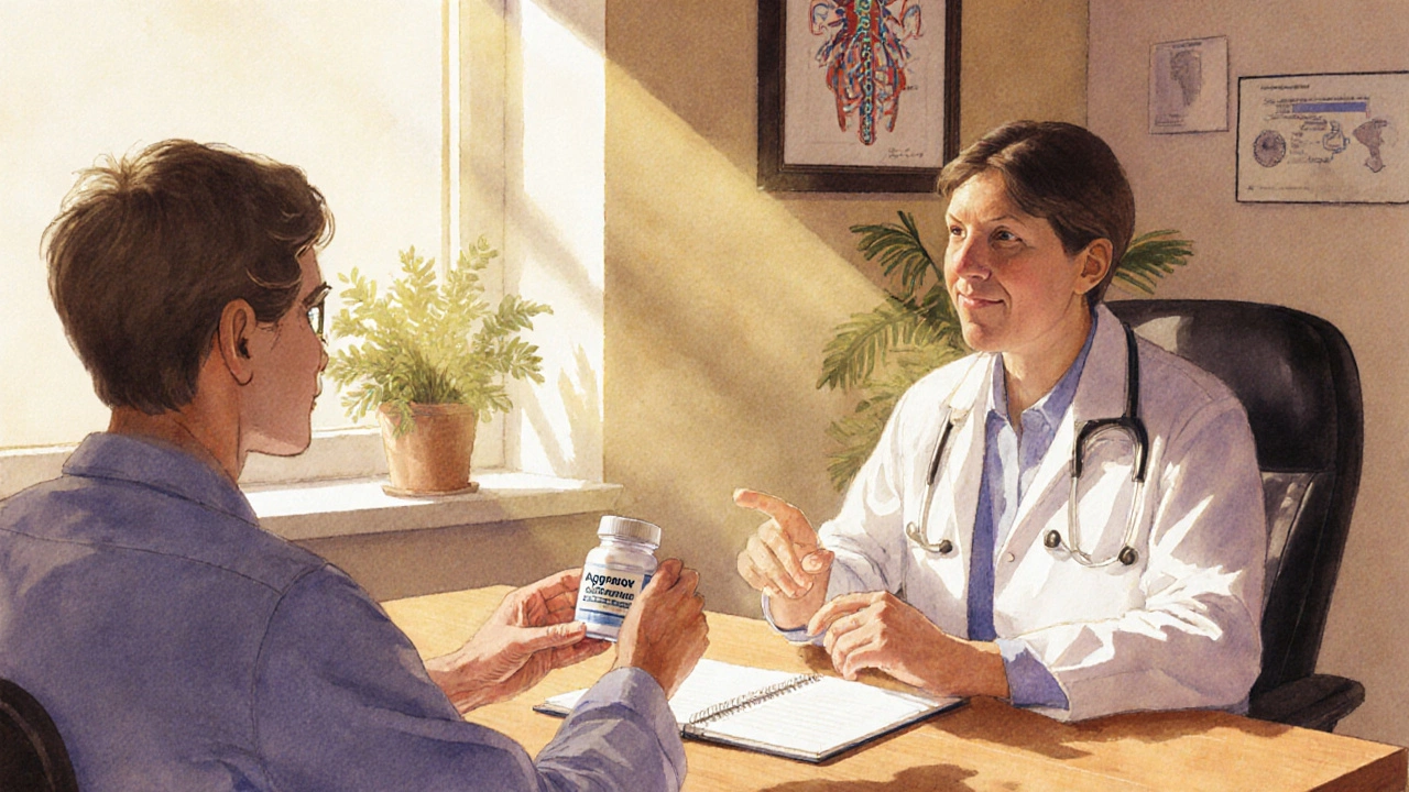 Doctor and patient discussing treatment in a sunlit office, patient holding an Aggrenox bottle.