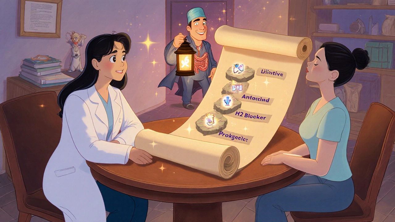 Doctor and patient with a magical scroll showing stepwise GERD treatment and a tiny surgeon.