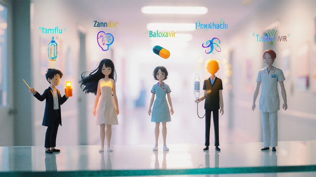 Four stylized antiviral characters representing Tamiflu, Zanamivir, Baloxavir, and Peramivir on a table.