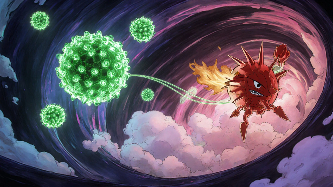 Glowing catechin orbs neutralize red cytokine figures inside a stylized lung airway.