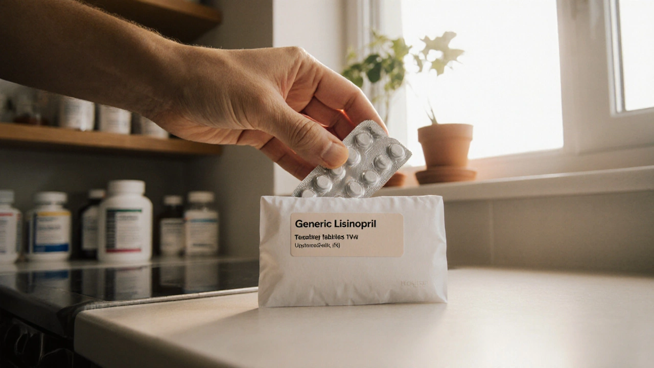 Hand holding a discreet white box containing lisinopril tablets beside a medicine shelf.