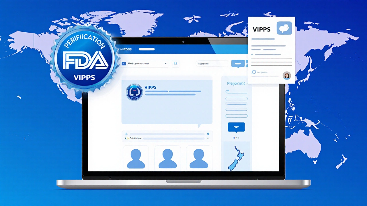 Laptop screen showing an online pharmacy with FDA and NABP badges and a chat with a pharmacist.