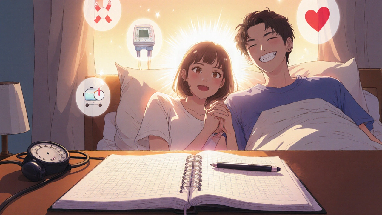 Man confidently holding hands with partner, diary open, surrounded by subtle medical icons.
