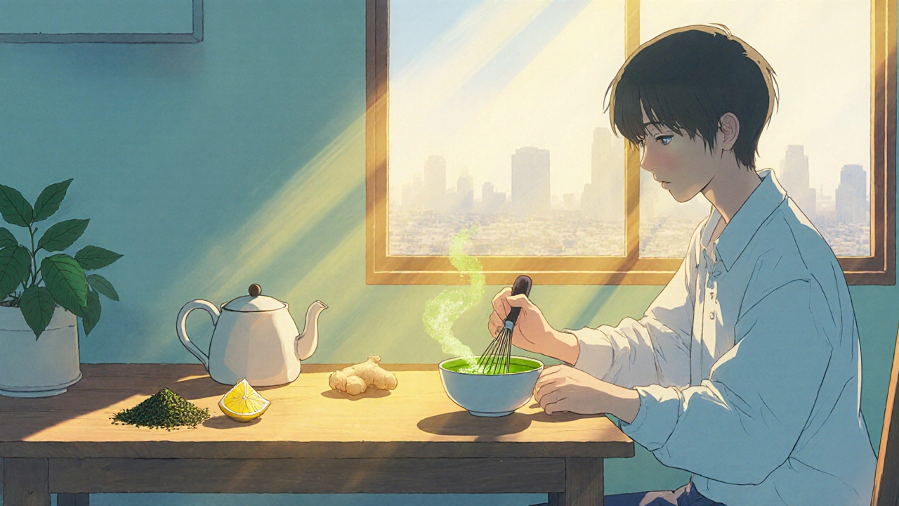 Morning kitchen where a person prepares green tea with lemon and ginger, sunlight streaming in.