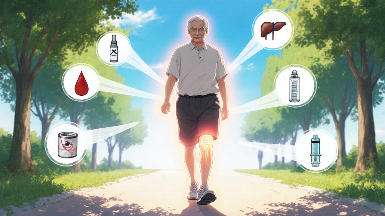 Older adult walks in a park, showing joint relief after treatment.