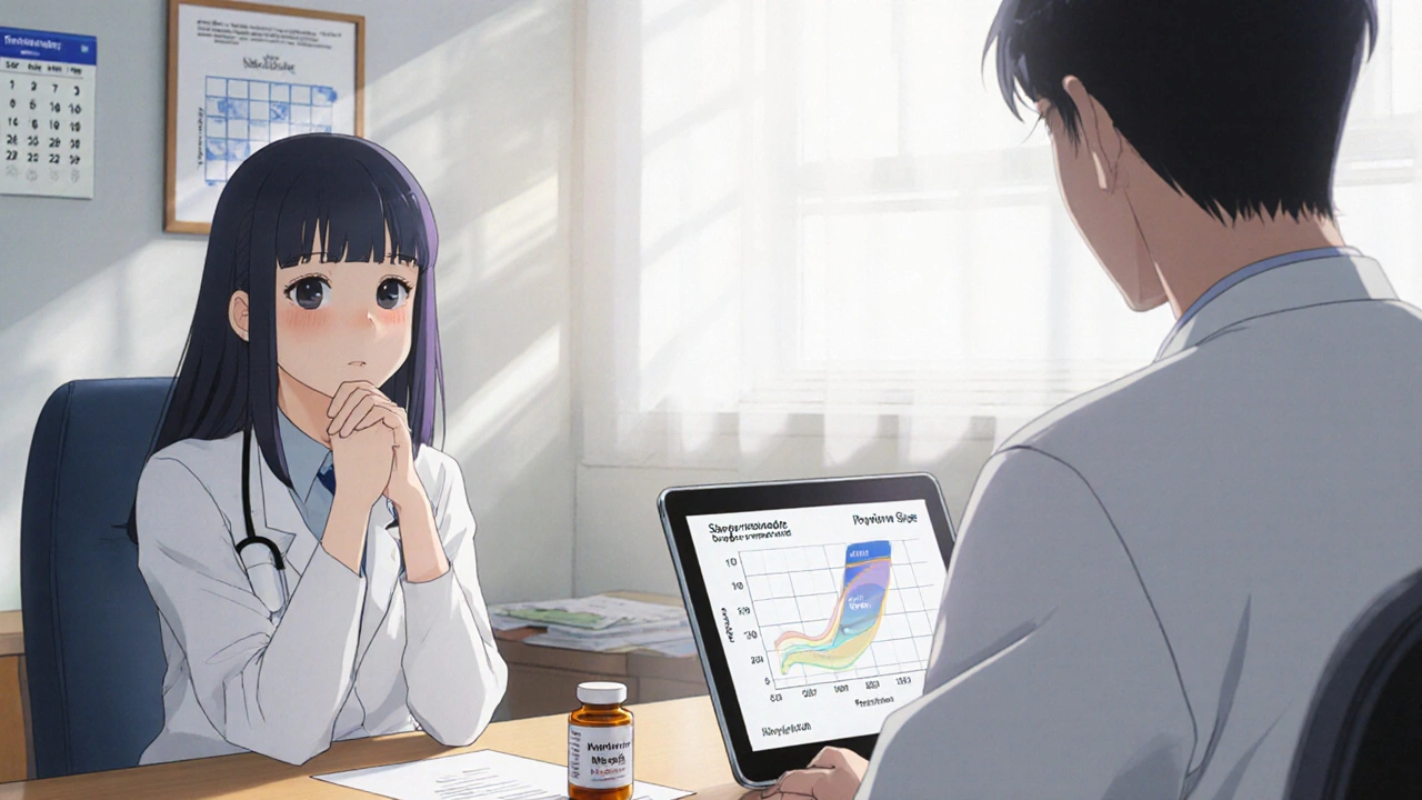 Patient and doctor discussing Naltrexone and sleep, with medication bottles on the desk.
