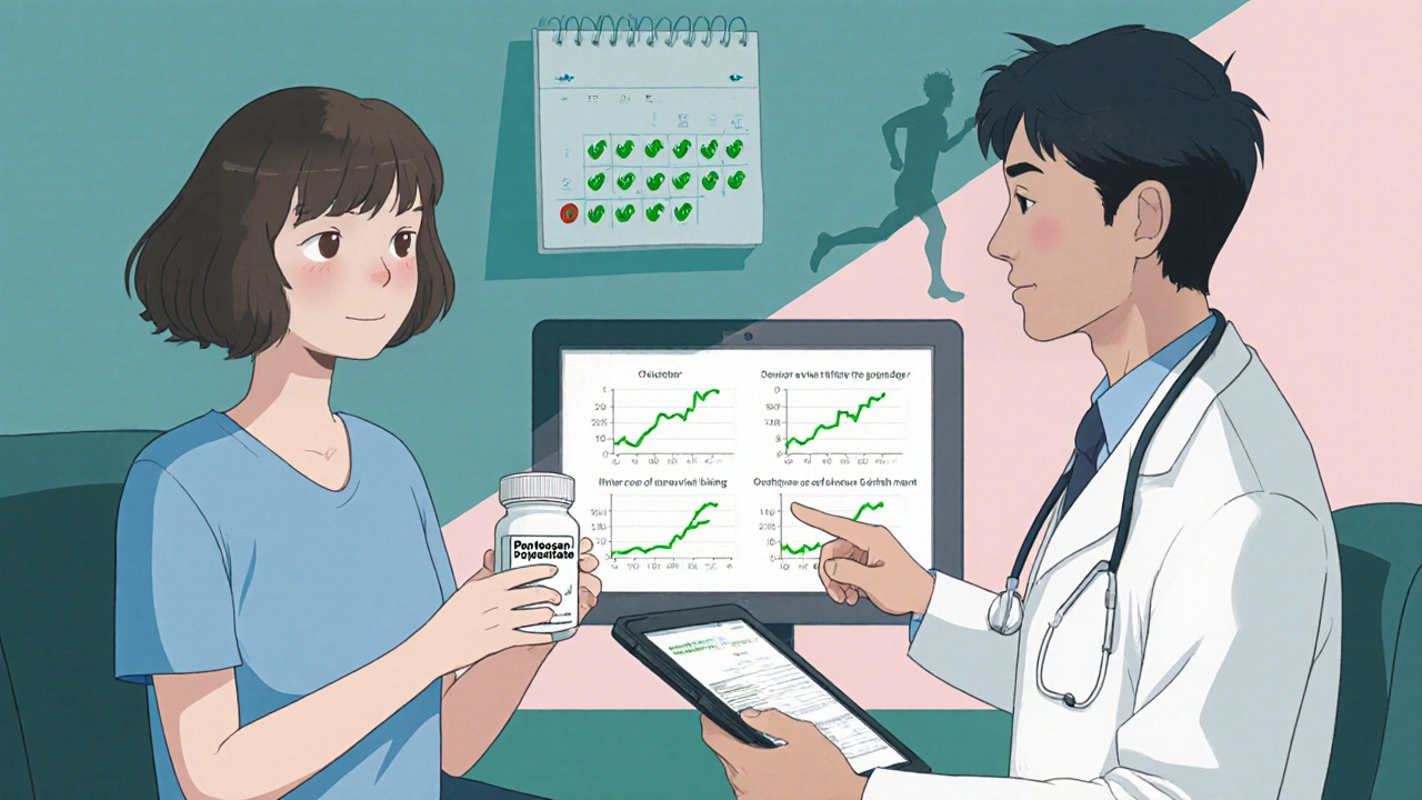 Patient and doctor discussing treatment, showing a pill bottle, lab results on a screen, and a calendar.