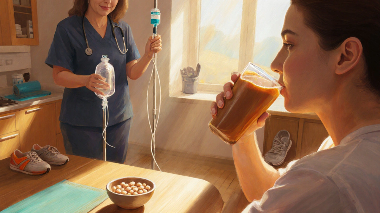 Patient sipping nutrient shake while receiving IV rehydration and planning light activity.