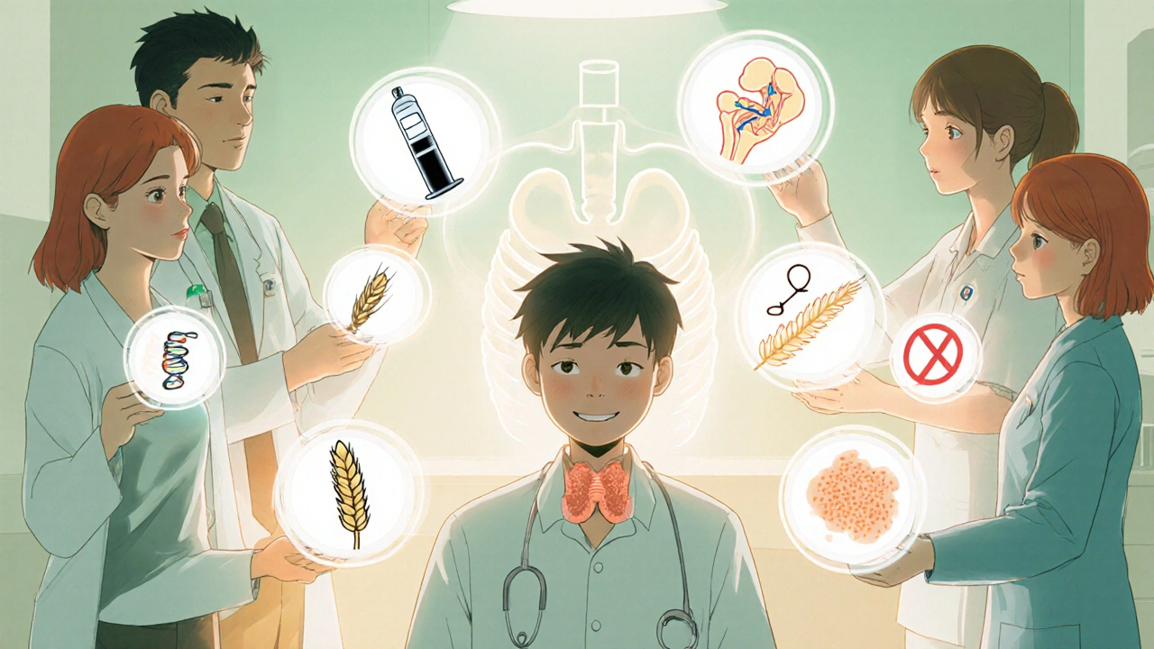 Patient surrounded by doctors with floating icons representing diabetes, arthritis, lupus, celiac and psoriasis.