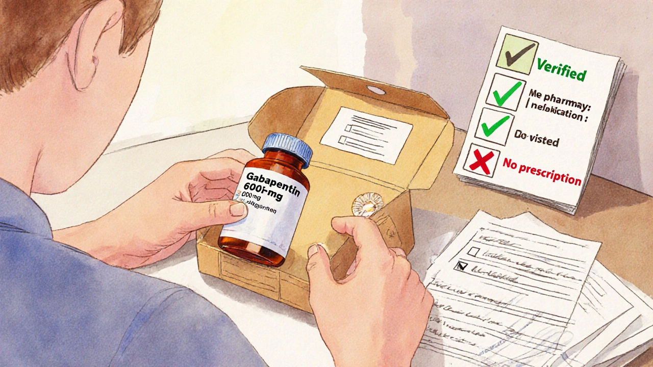 Person opening a package, checking a gabapentin bottle and lot number against a verification sheet.