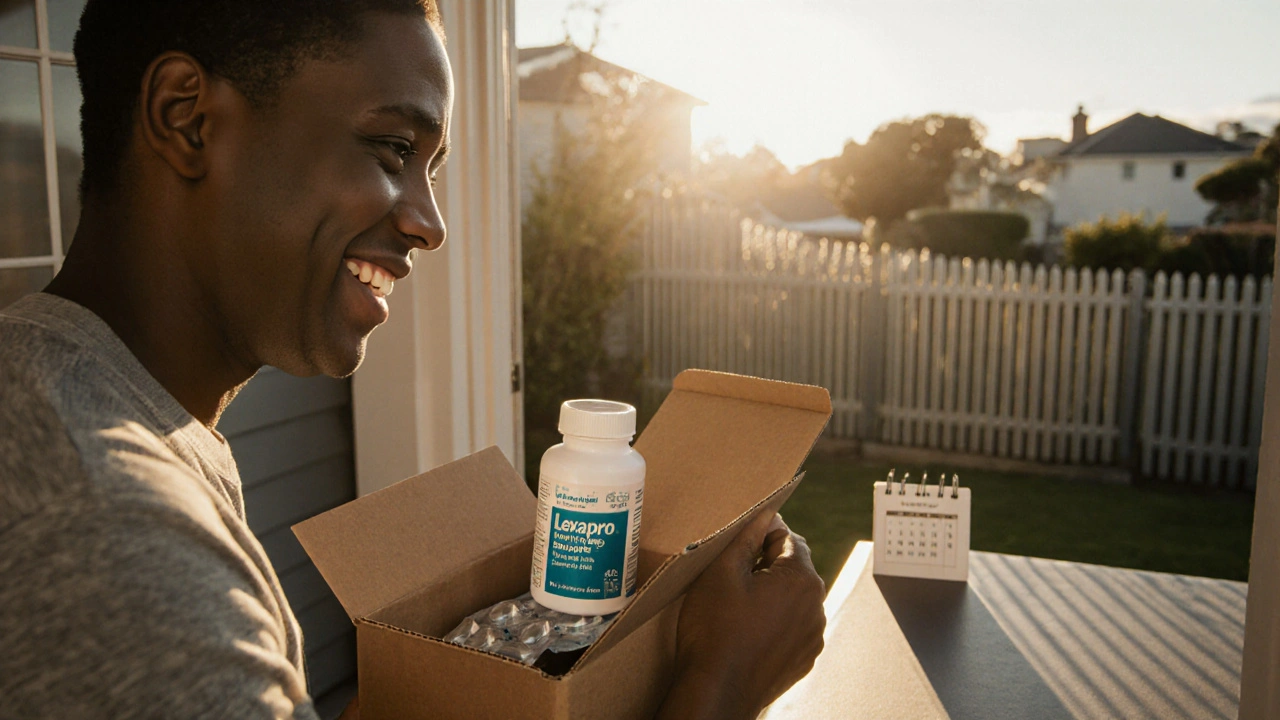Person opens delivery box containing Lexapro bottles on a New Zealand doorstep at sunset.