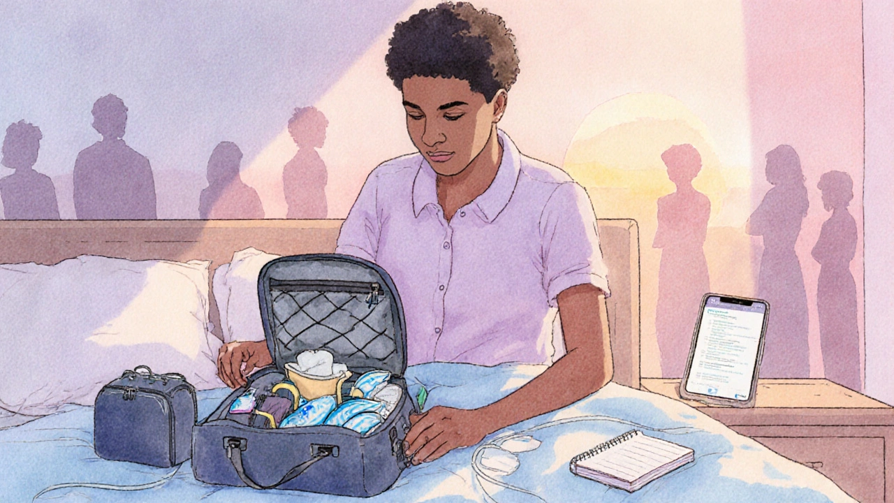 Person packing a discreet travel bag with urinary care items, feeling confident.