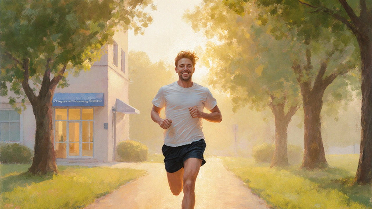 Person running in a park at sunset, reflecting recovery after physical therapy.