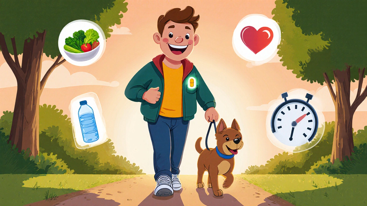Person walks in a park with a glowing pill, surrounded by veggie, water, and heart icons.