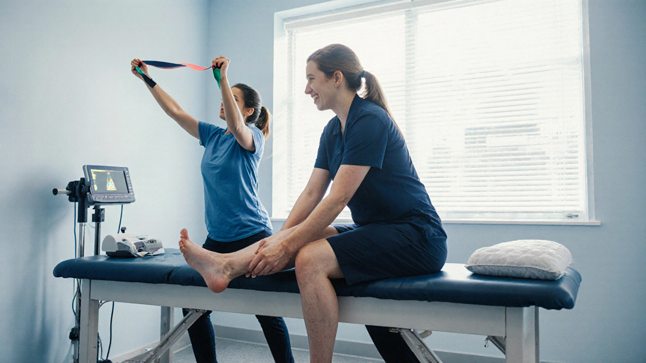 Physical therapist performing manual therapy while another patient does band exercises.