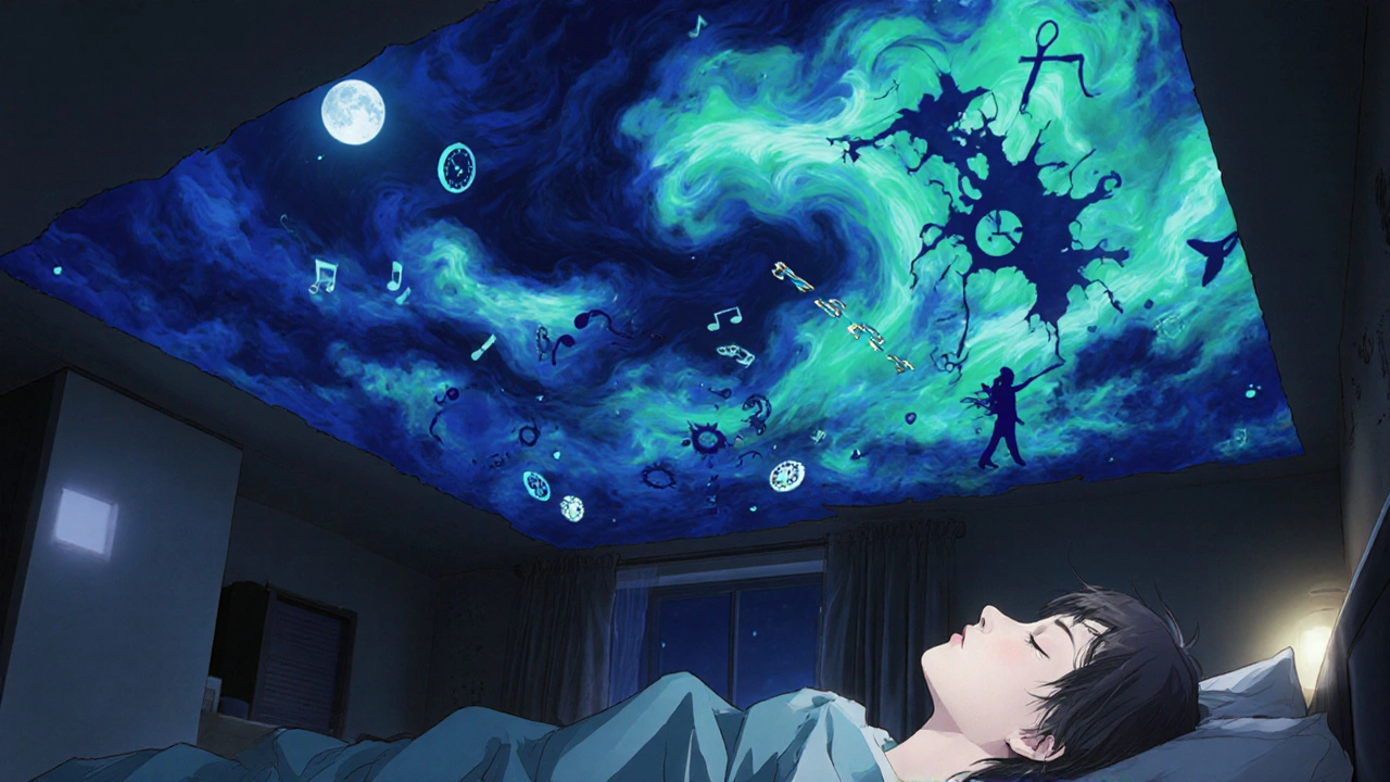 Sleeper in a bedroom with the ceiling transforming into a vivid, surreal REM dreamscape.