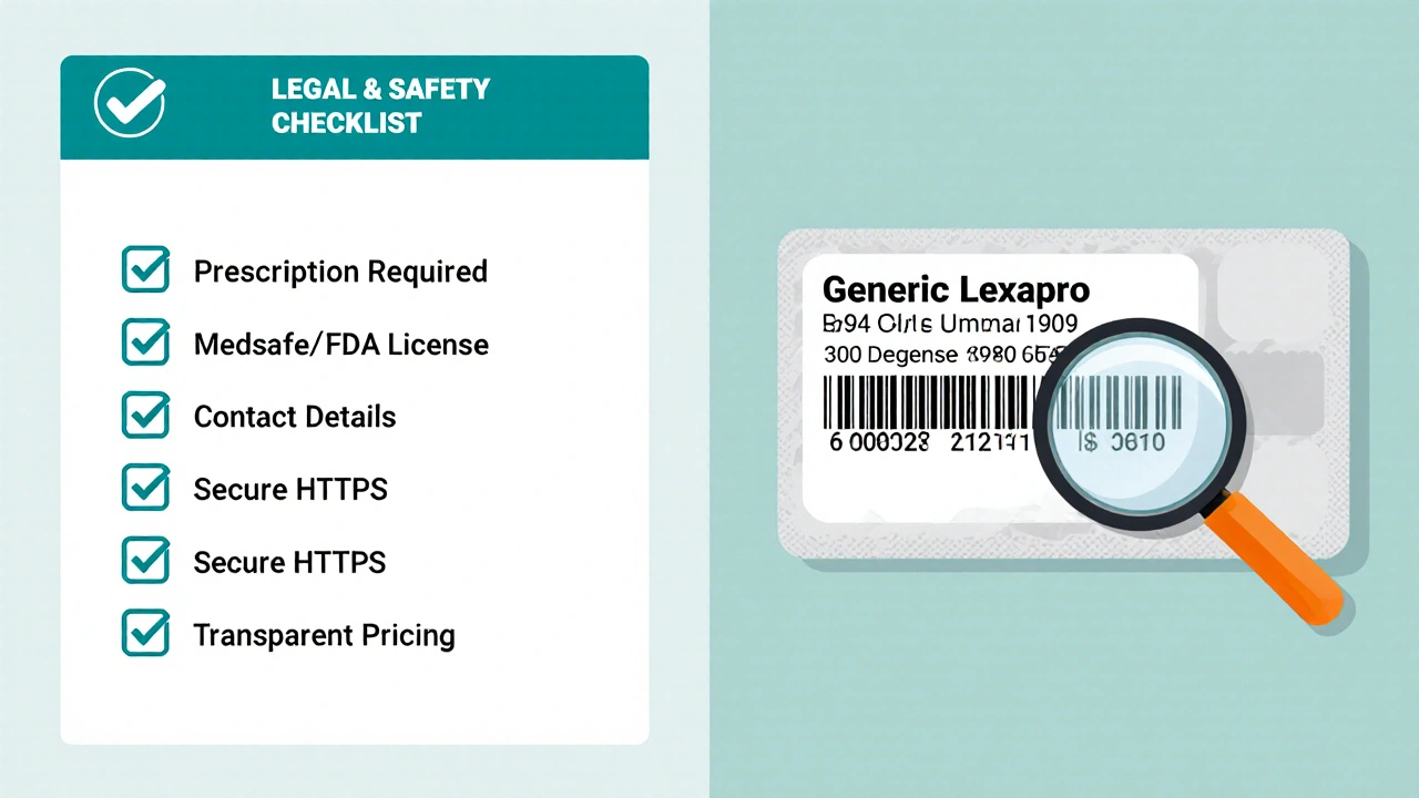 Split illustration of safety checklist and close-up of generic Lexapro blister pack with magnifying glass.