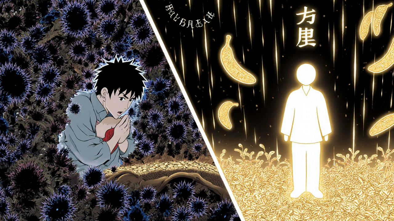 Split scene: chaotic bad bacteria on white bread vs. calm good bacteria thriving on oats and bananas, connected by golden molecules.