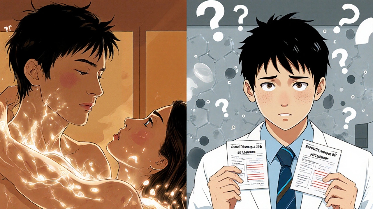 Split scene: intimacy with glowing medication on one side, doctor’s visit with prescriptions on the other.