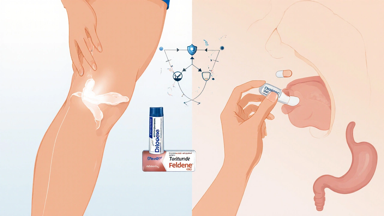 Split scene showing topical gel on a knee and a pill with stomach shield, illustrating treatment choices.
