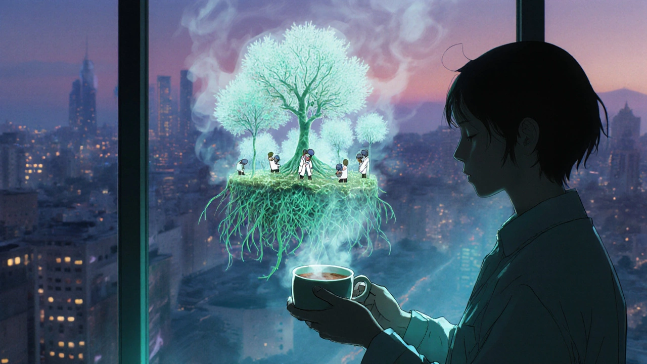 Steam from chicory coffee forms a glowing gut forest, with tiny microbes tending roots as the person rests peacefully at dawn.