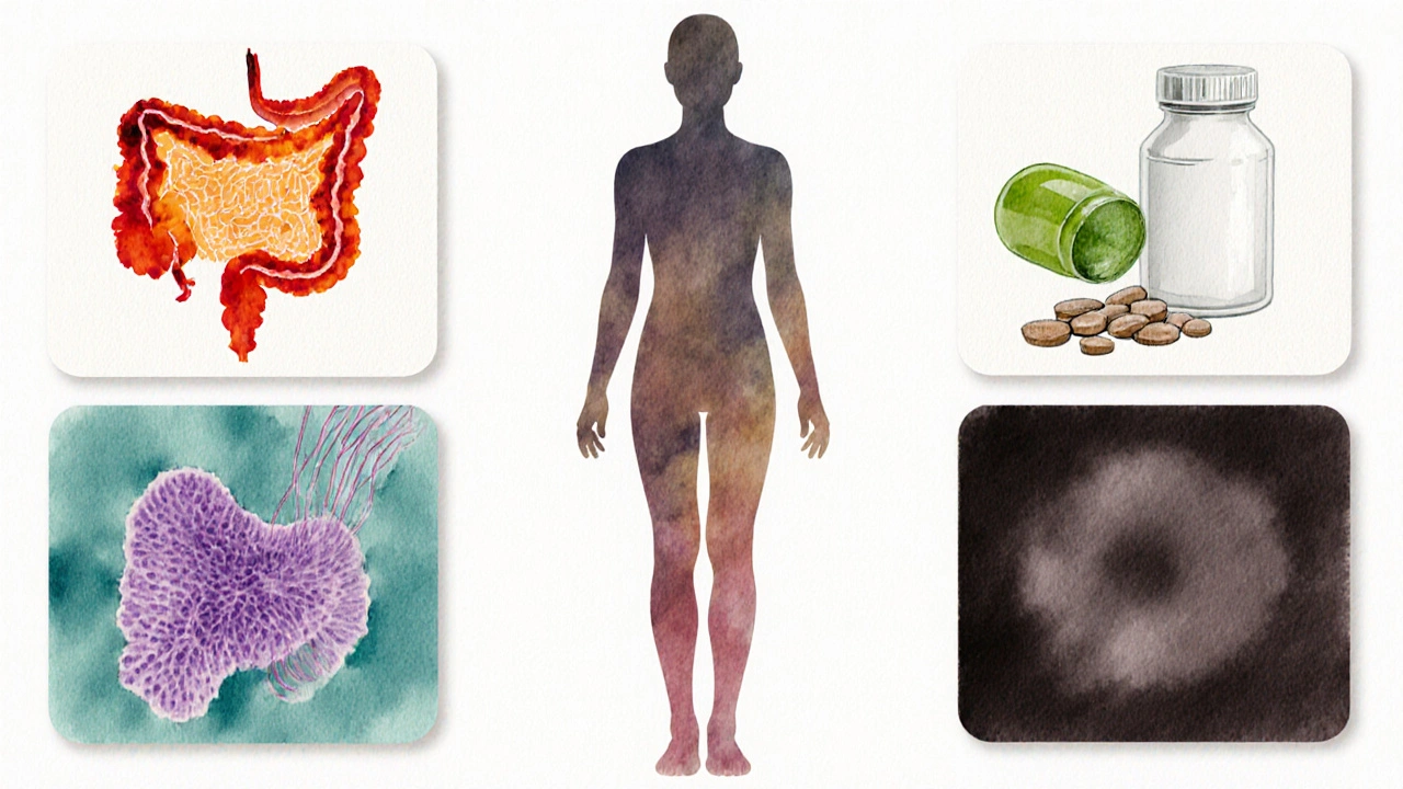 Watercolor collage showing six causes of chronic diarrhea with weight loss.