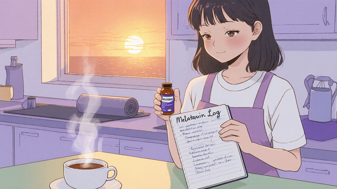 Woman at sunrise kitchen holding melatonin bottle and a sleep log notebook.