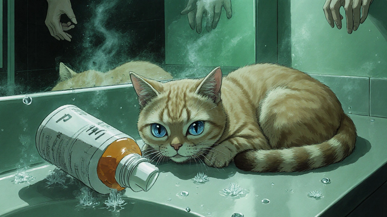 A cat with blue-gray gums lies on a bathroom counter beside an overturned pill bottle, steam rising from the shower.