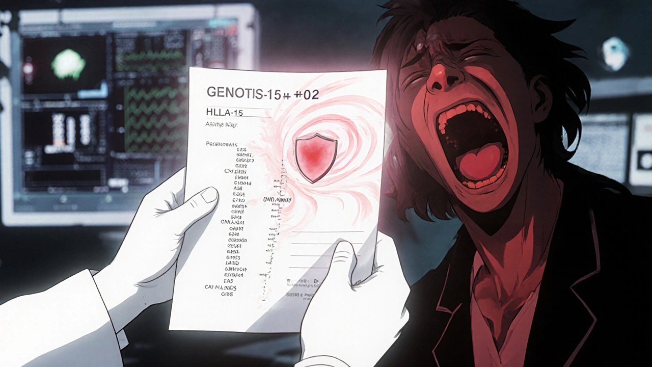 A doctor holding a genetic test report that reveals a gene sequence morphing into a skin rash and a protective shield.