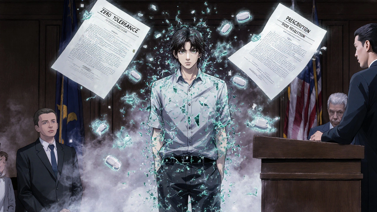A fragmented defendant surrounded by dissolving legal documents in a surreal courtroom.