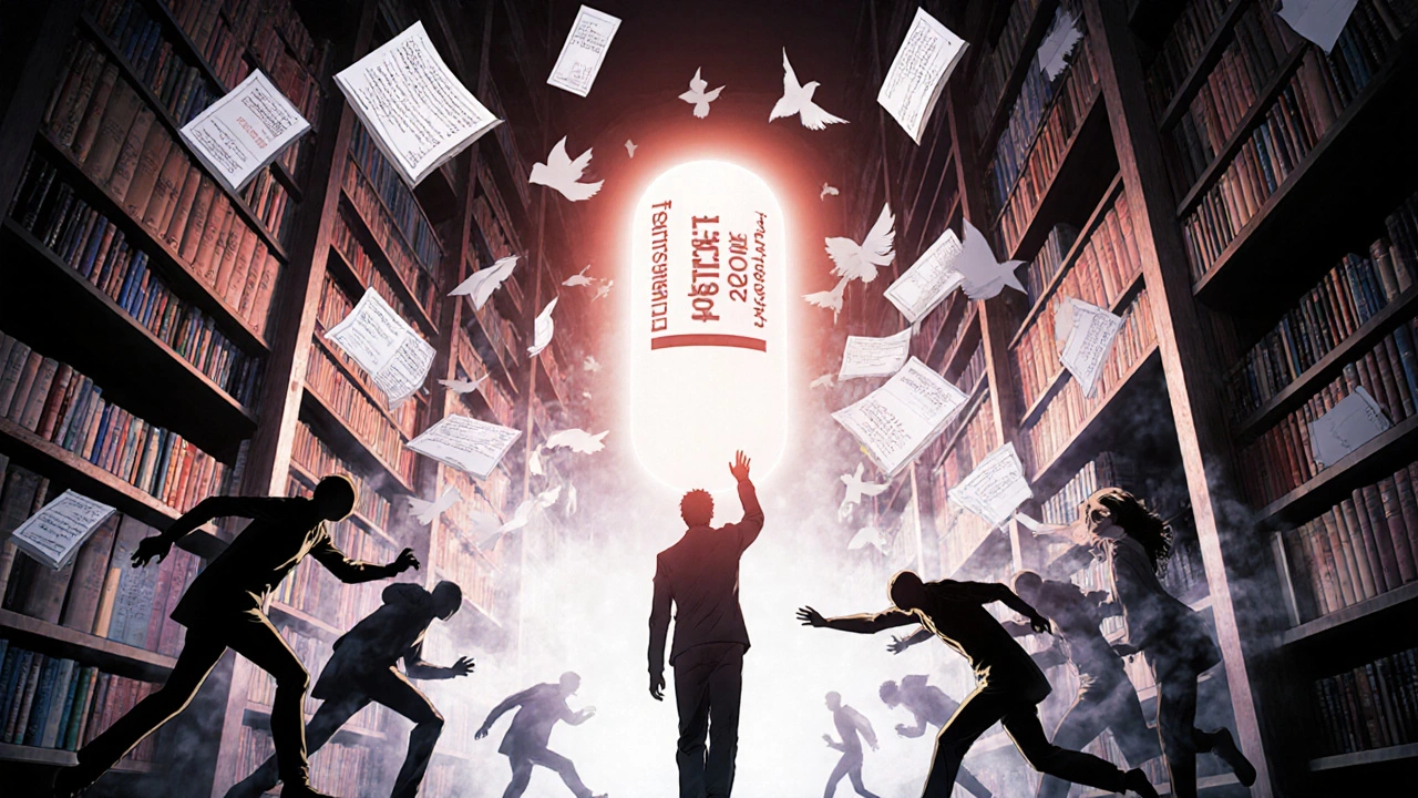 A library of medical books floats as a patient reaches for fluvastatin, while shadowy figures dissolve into mist.