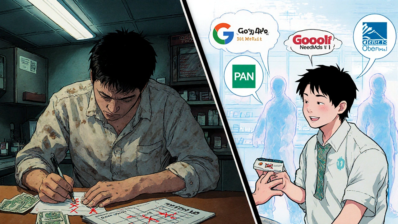 A man at home surrounded by bills, then at the pharmacy receiving pills with faint nonprofit logos hovering behind him.