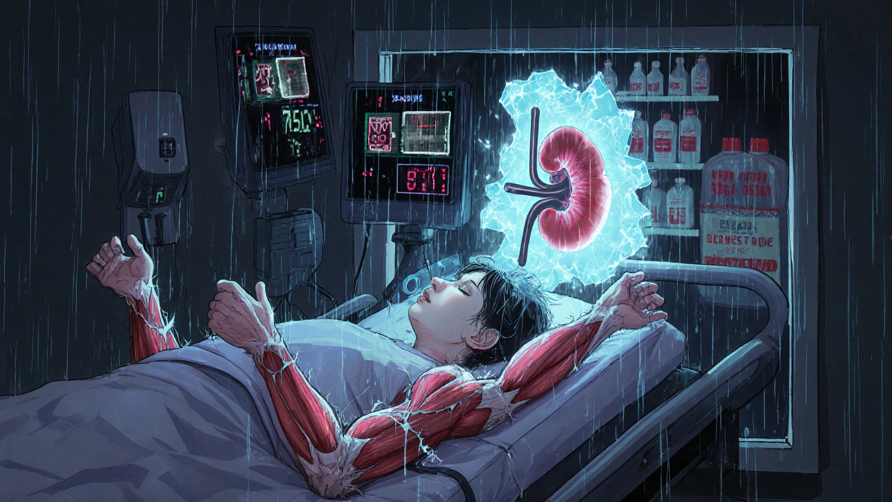 A patient in hospital with cracking muscles and glowing toxins flooding into kidneys, medical monitors flashing high readings.