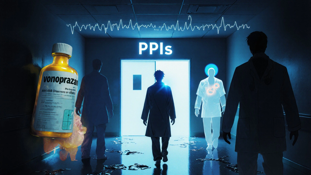 A patient walking toward glowing medication figures in a surreal hospital corridor.