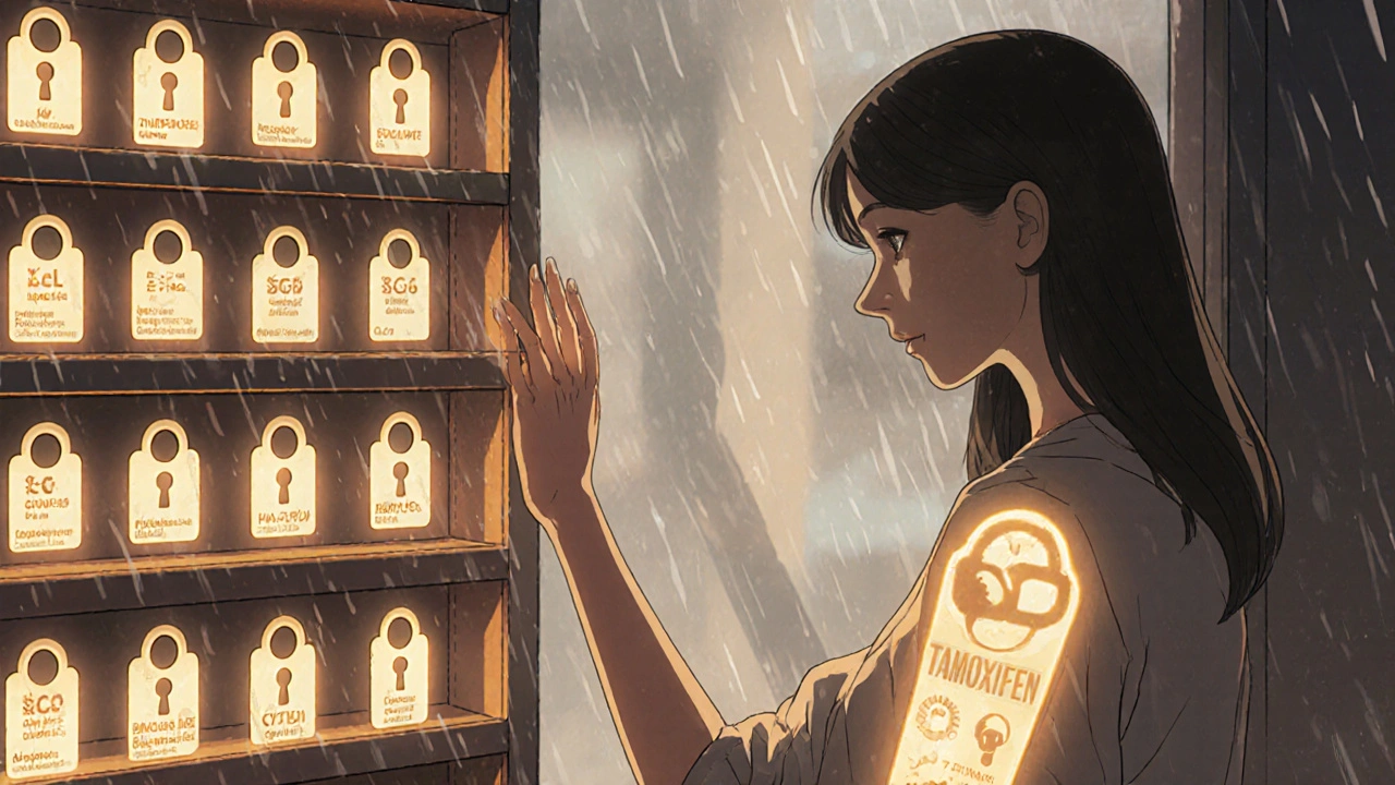 A pharmacy shelf with medications having genetic keyholes, a woman reaching for tamoxifen with a glowing gene pattern.