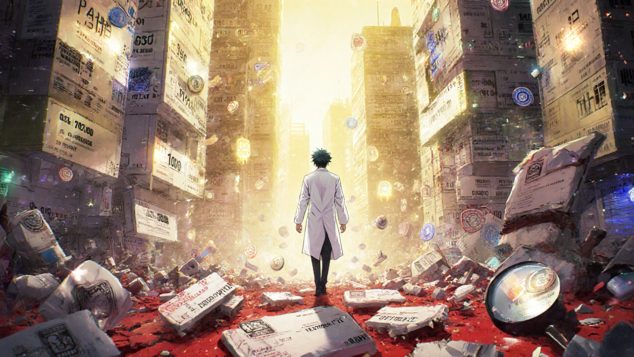 A surreal digital world where legit pharmacies glow peacefully while rogue ones collapse into glitching fraud, a pharmacist walking through chaos.