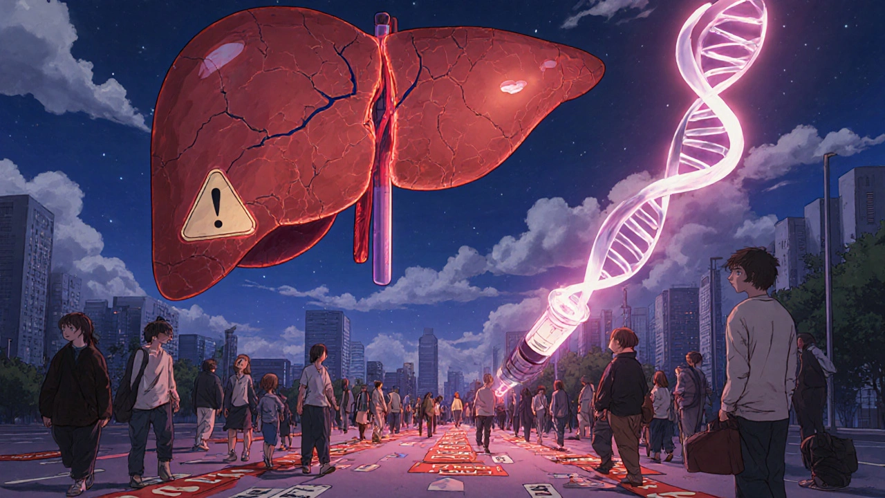 A surreal floating liver with warning cracks above a city, while people follow vaccine paths below, symbolizing protection and missed opportunities.