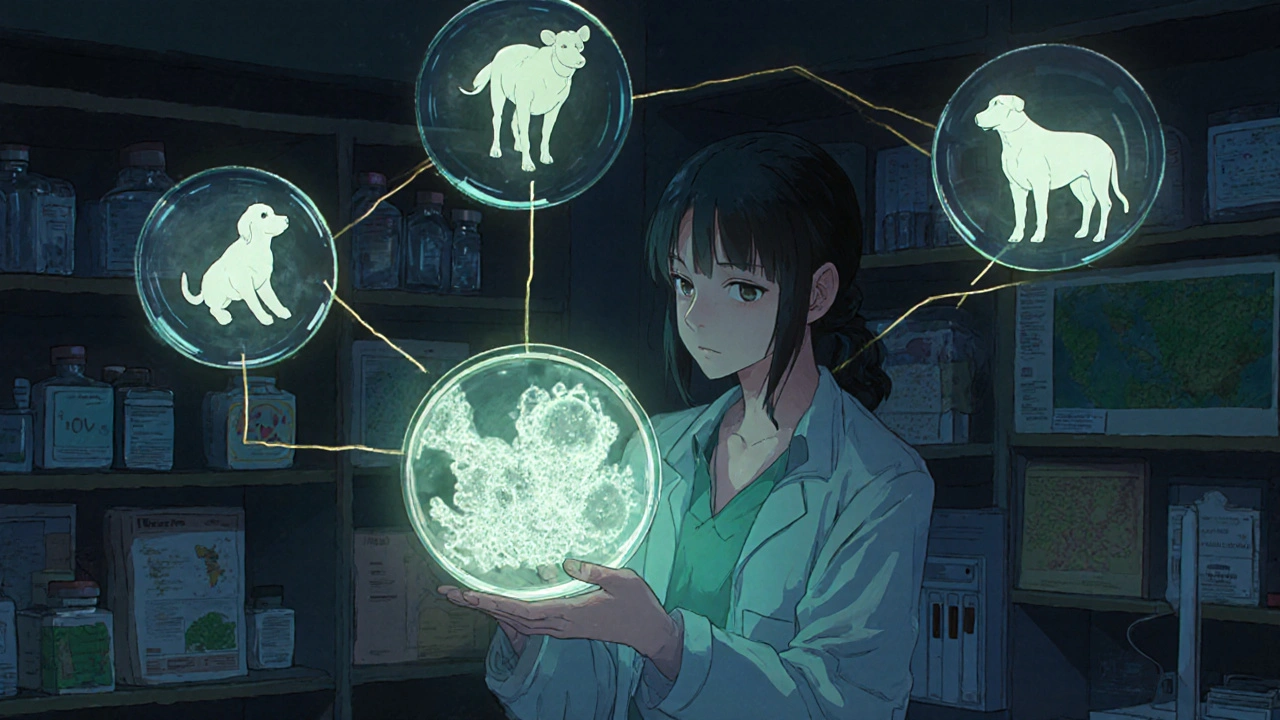 A veterinarian in a lab surrounded by holograms of animals and humans connected by data streams, holding a glowing petri dish with amoebas.
